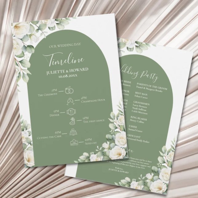 Grün Botanisch Floral Hochzeits-Zeitplan Programm (Von Creator hochgeladen)