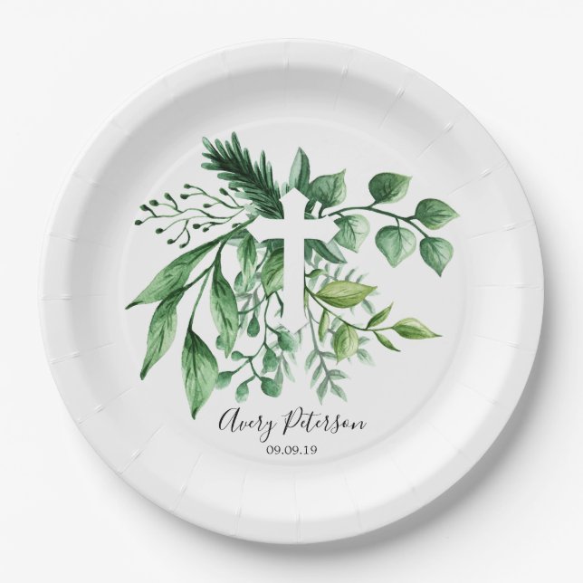 Grün-botanisches Kreuz-erste heilige Kommunion Pappteller (Vorderseite)