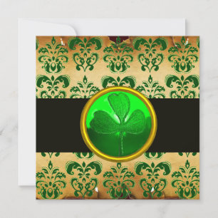 GRÜN BRAUNER DAMASTPAPIER MIT KLEEBLATT, schwarz Einladung