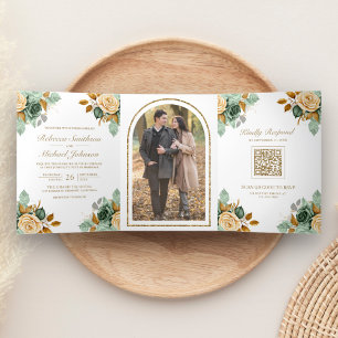 Grün Creme Floral Gold QR Code Foto Hochzeit Dreifach Gefaltete Einladung
