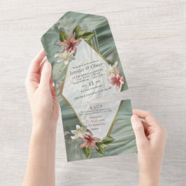 Grün, Creme, Seidenraupen und farbige Blume All In One Einladung
