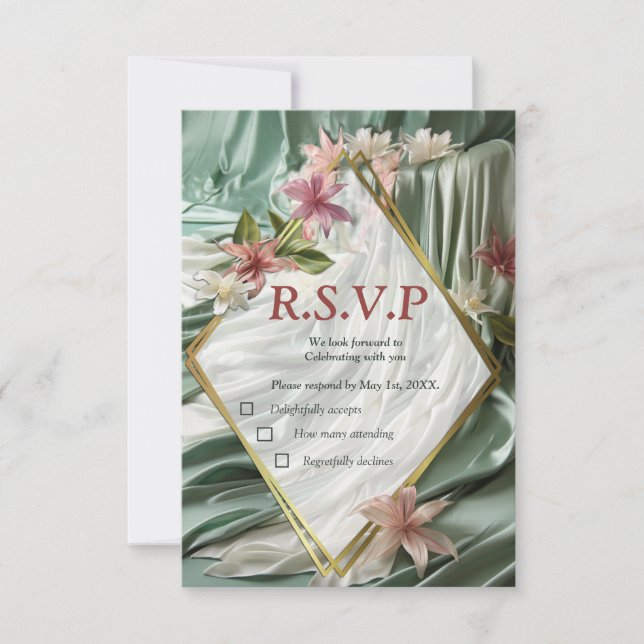 Grün, Creme, Seidenraupen und farbige Blume RSVP Karte (Vorderseite)