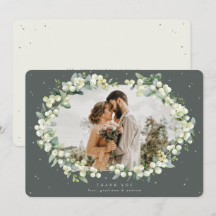 Grün/Creme Snowberry+Eukalyptus Wedding Foto Dankeskarte