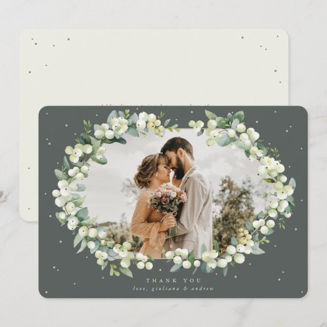 Grün/Creme Snowberry+Eukalyptus Wedding Foto Dankeskarte (Vorne/Hinten)