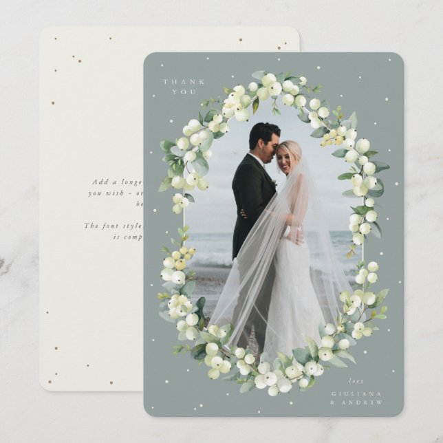 Grün/Creme Snowberry+Eukalyptus Wedding Foto Dankeskarte (Vorne/Hinten)