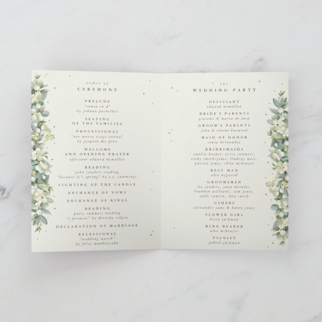 Grün/Creme Snowberry+Eukalyptus Winterhochzeit Programm (Innenseite)