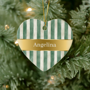 Grün Creme Weiße Streifen Goldband Weihnachten Keramik Ornament