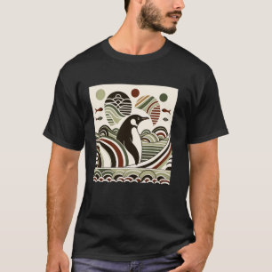 Grün cremefarbener Maroon Pinguin Wellen Art Deco T-Shirt