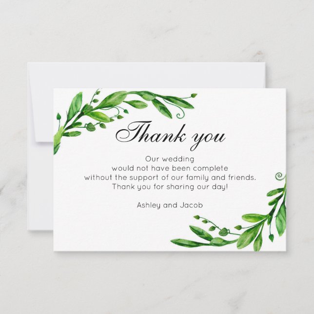 Grün danke. Botanische Hochzeitserklärung Dankeskarte (Vorderseite)