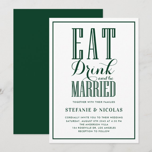 Grün essen, trinken und Verheiratet Hochzeit sein Einladung (Vorne/Hinten)