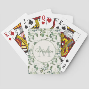 Grün Eukalyptus-Blätter Creme Monogram Name Spielkarten