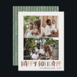 Grün farbige Happy Holidays Vertikales 3 Foto Feiertagskarte<br><div class="desc">Diese farbenfrohe Ferienkarte mit 3 Fotos ist perfekt für Ihren fröhlichen, kreativen und hellen Urlaub. Es ist ein einzigartiger, spielerischer, moderner Schriftart in Rot, Boho Bräune und heller und dunkelgrüner Farbe, die für ein fröhliches, saisonales Ambiente sorgen. Wenn Sie Ihren Lieben den dunklen Winter mit niedlichem Feiertagsjubeln näher bringen wollen,...</div>