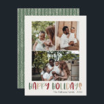 Grün farbige Happy Holidays Vertikales 3 Foto Feiertagskarte<br><div class="desc">Diese farbenfrohe Ferienkarte mit 3 Fotos ist perfekt für Ihren fröhlichen, kreativen und hellen Urlaub. Es ist ein einzigartiger, spielerischer, moderner Schriftart in Rot, Boho Bräune und heller und dunkelgrüner Farbe, die für ein fröhliches, saisonales Ambiente sorgen. Wenn Sie Ihren Lieben den dunklen Winter mit niedlichem Feiertagsjubeln näher bringen wollen,...</div>