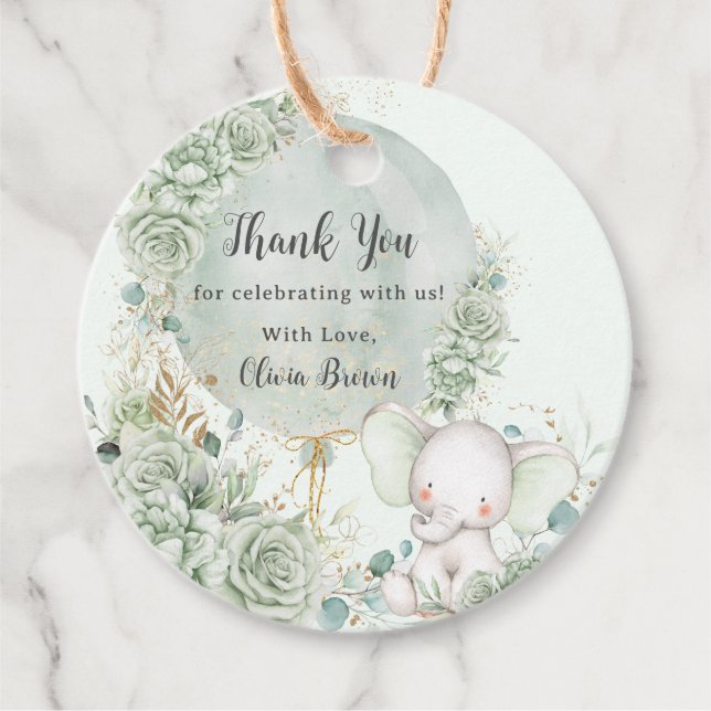 Grün florale Elephant Babydusche neutral Geschenkanhänger (Vorderseite)