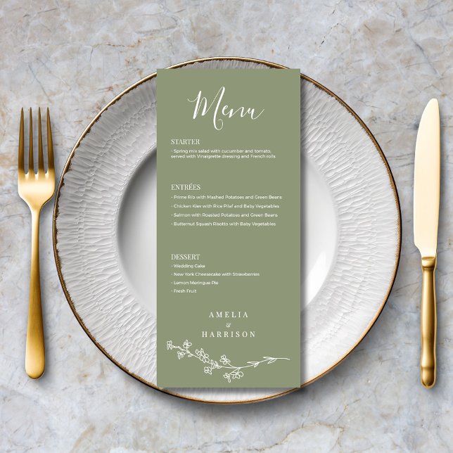 Grün florale feierliche Hochzeit Menükarte (Sage Green Floral Formal Elegant Wedding Menu with Menu Options, Optional Text on Back.)