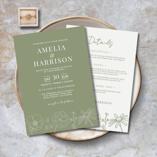 Grün florale Sage in einer eleganten Hochzeit Einladung (Sage Green Floral All-In-One Elegant Wedding Invitation with Line Art Flowers, Details on the Back.)