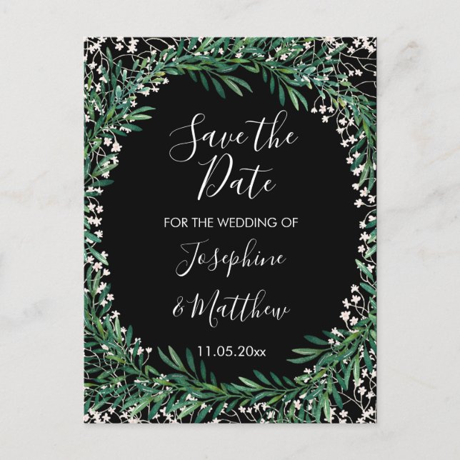 Grün & Florets Wasserfarbe Save the Date schwarz Ankündigungspostkarte (Vorderseite)