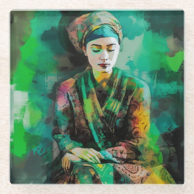 Grün-Frau Glasuntersetzer (Vorderseite)