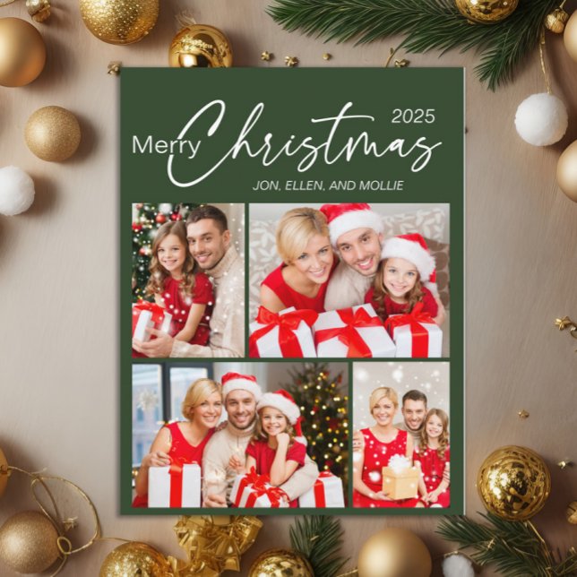 Grün frohe Weihnachten 4 Foto Urlaub Postkarte (Green 4-photo Christmas greeting postcard)