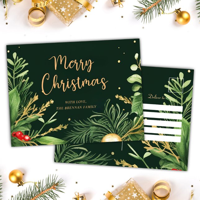 Grün frohe Weihnachten Elegant Moderne Natur (Green Merry Christmas Elegant Modern Greenery Holiday Postcard)