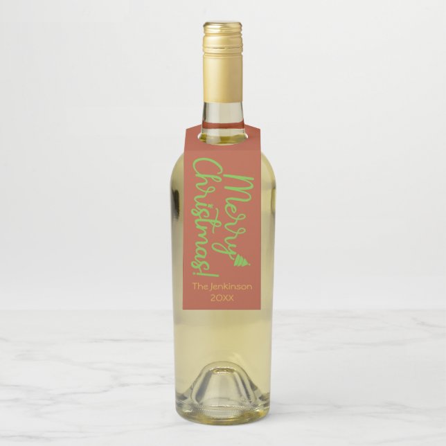 Grün frohe Weihnachtstypografie auf Reddish-Brown Flaschenanhänger (Auf Flasche)