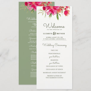 Grün Fuchsia Floral Watercolor Hochzeitsprogramm Einladung