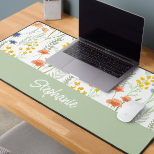 Grün Gelbe Aquarell Wildblumen-Monogramm-Name Schreibtischunterlage