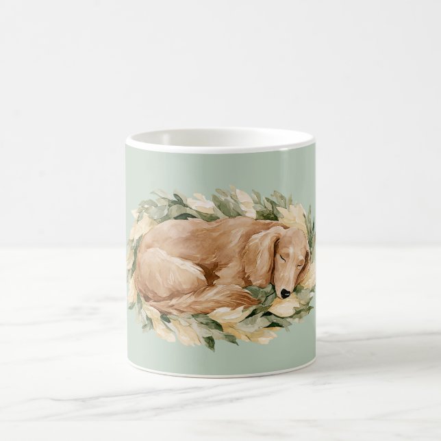 Grün Gelbe Blätter Fallen Schlafender Hund  Kaffeetasse (Mittel)