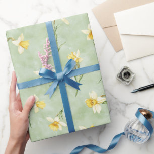 Grün Gelbe Weiße Narzissenblumen in Minz Geschenkpapier
