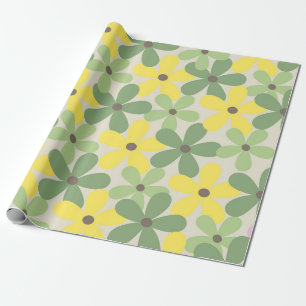 Grün Gelbes Retro Y2K 70er Blumenmuster Geschenkpapier