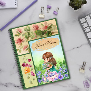 Grün gerahmte Frühlingslandschaft Süßes Blumenmädc Notizbuch