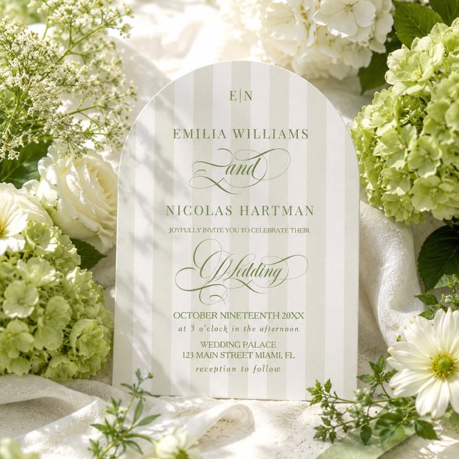 Grün gestreifte Monogramm-Gartenhochzeit Einladung (Von Creator hochgeladen)