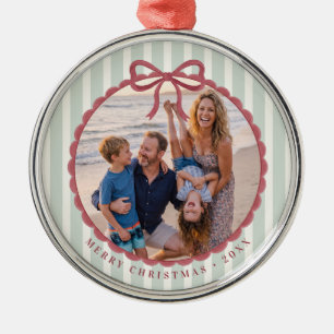 Grün gestreifter Schleifen-Weihnachtsfoto Ornament Aus Metall
