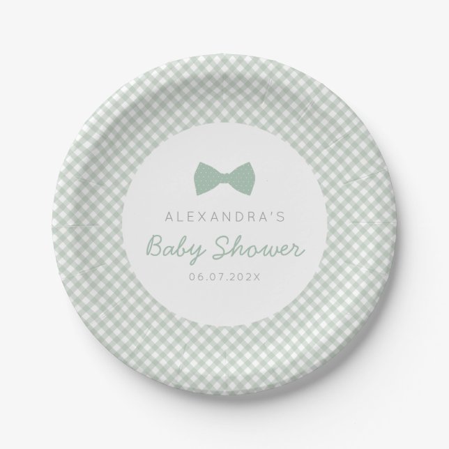Grün-Gingham-Krawatte-Babydusche Pappteller (Vorderseite)