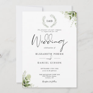 Grün-Girlande-Monogramm-Hochzeit Einladung