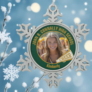 Grün Gold Cheerleader Foto High School Schneeflocken Zinn-Ornament