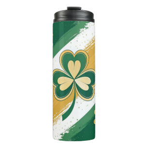 GRÜN & GOLD IRISCH KELTISCHE SHAMROCKS & STREIFEN THERMOSBECHER