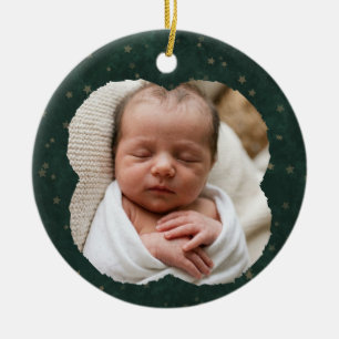 Grün & Gold Stern Baby's 1. Weihnachten Foto & Ben Keramik Ornament