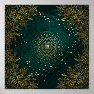 Grün-goldene, verzierte florale Blütenranken Poster