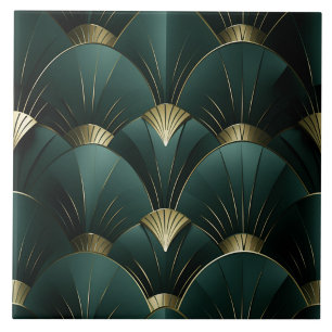 Grün-goldenes Art Deco-Fächer-Muster Fliese