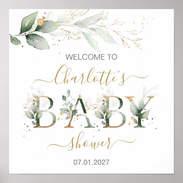 Grün & goldgrün Begrüßung Babydusche Poster (Vorne)