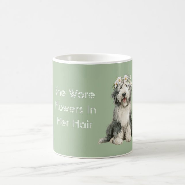 Grün Grau Weißer Hund Blumen  Kaffeetasse (Mittel)