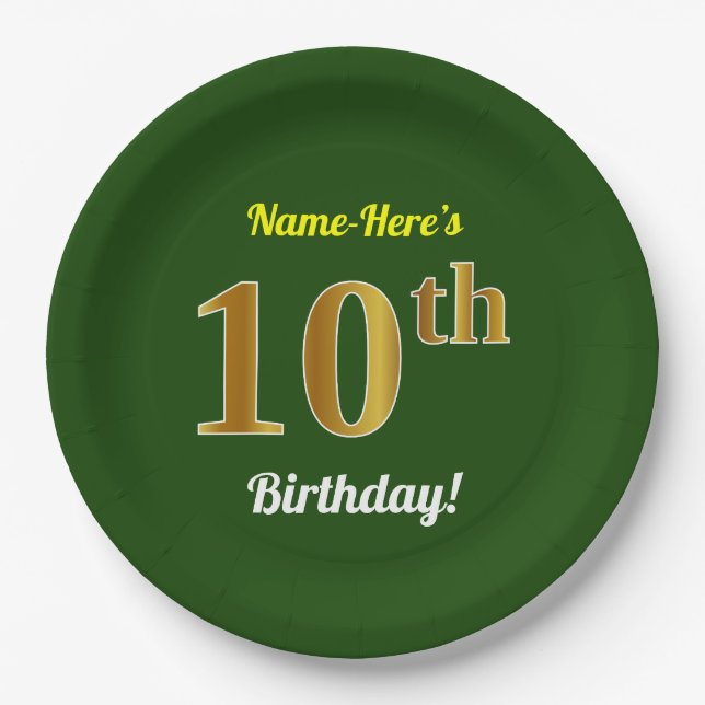 Grün, Imitate Gold 10. Geburtstag + Individuelle N Pappteller (Vorderseite)