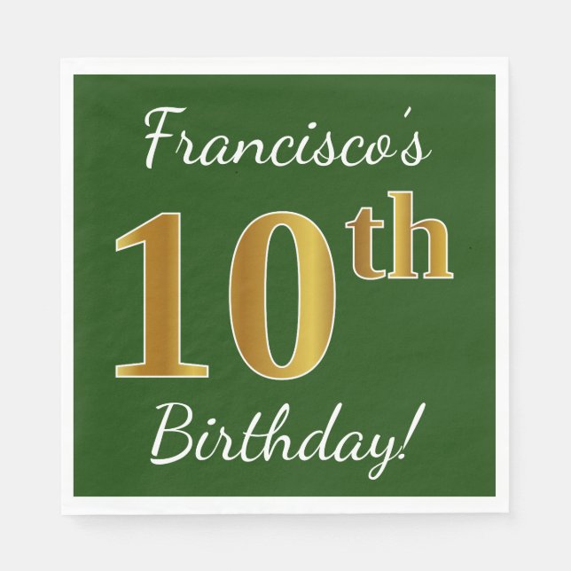 Grün, Imitate Gold 10. Geburtstag + Individuelle N Serviette (Vorderseite)