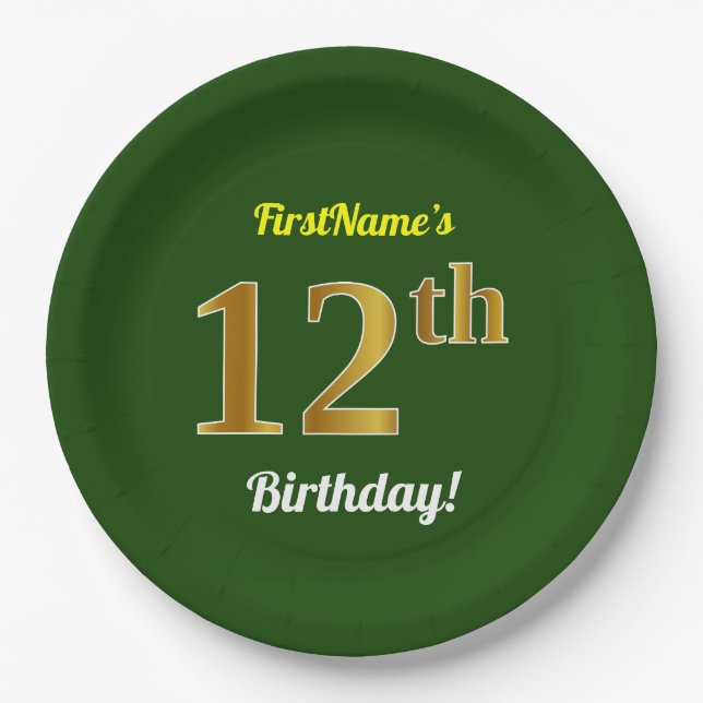 Grün, Imitate Gold 12. Geburtstag + Individuelle N Pappteller (Vorderseite)