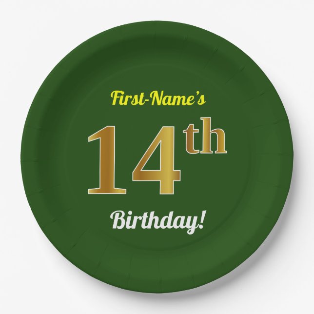 Grün, Imitate Gold 14. Geburtstag + Individuelle N Pappteller (Vorderseite)