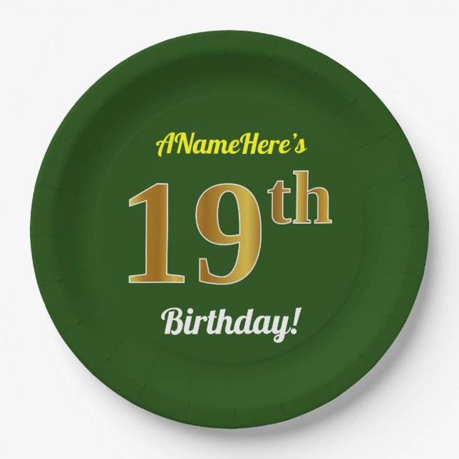 Grün, Imitate Gold 19. Geburtstag + Individuelle N Pappteller (Vorderseite)