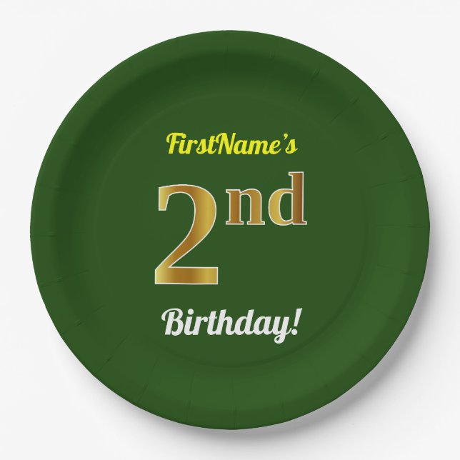 Grün, Imitate Gold 2. Geburtstag + Individuelle Na Pappteller (Vorderseite)