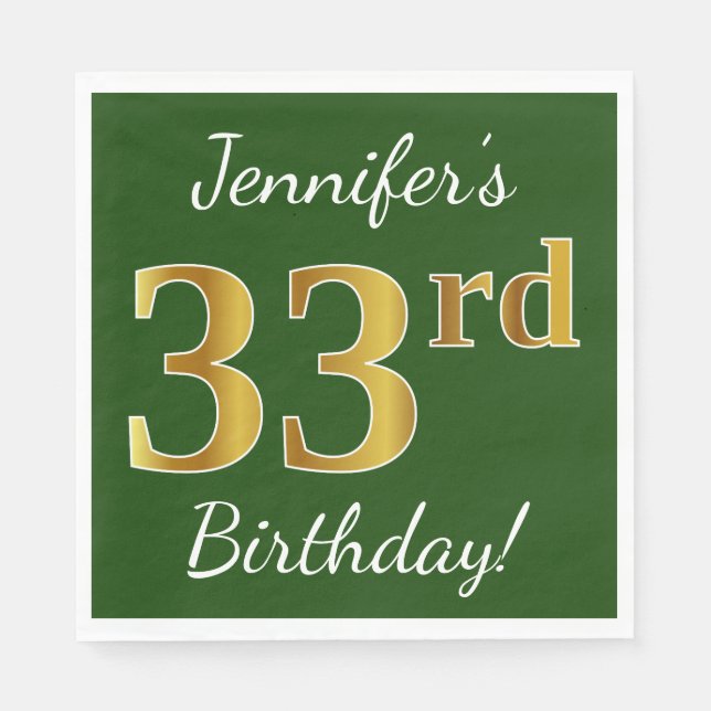Grün, Imitate Gold 33. Geburtstag + Individuelle N Serviette (Vorderseite)