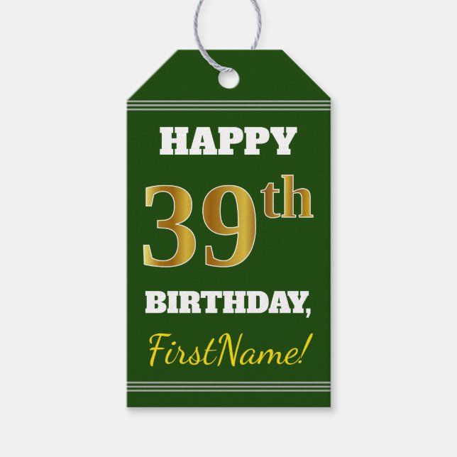 Grün, Imitate Gold 39. Geburtstag + Individuelle N Geschenkanhänger (Vorderseite)